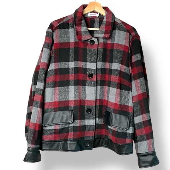 JUST FAB Plaid Cropped Jacket Faux Leather Trim Front Button Closure US Sz 3X - Picture 4 of 11